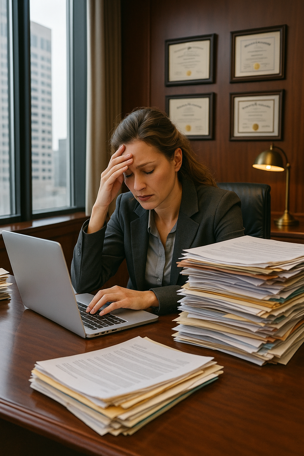 Professional reviewing documents at an office desk.