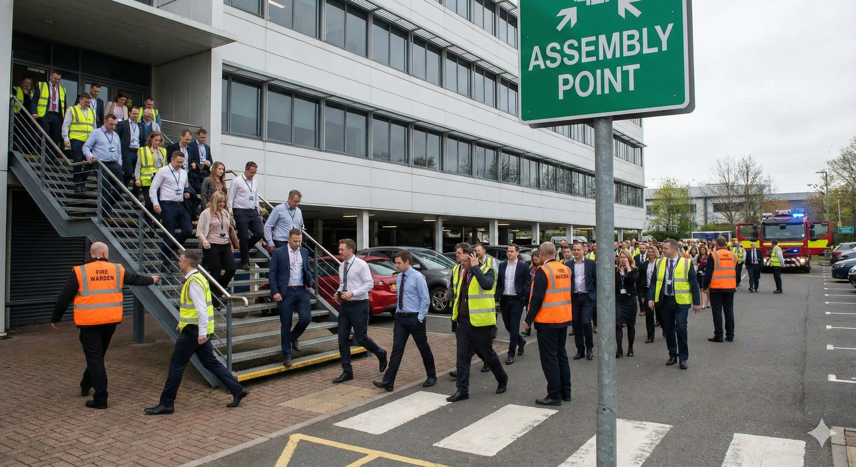 Workers gathering at a designated safe point during an emergency.