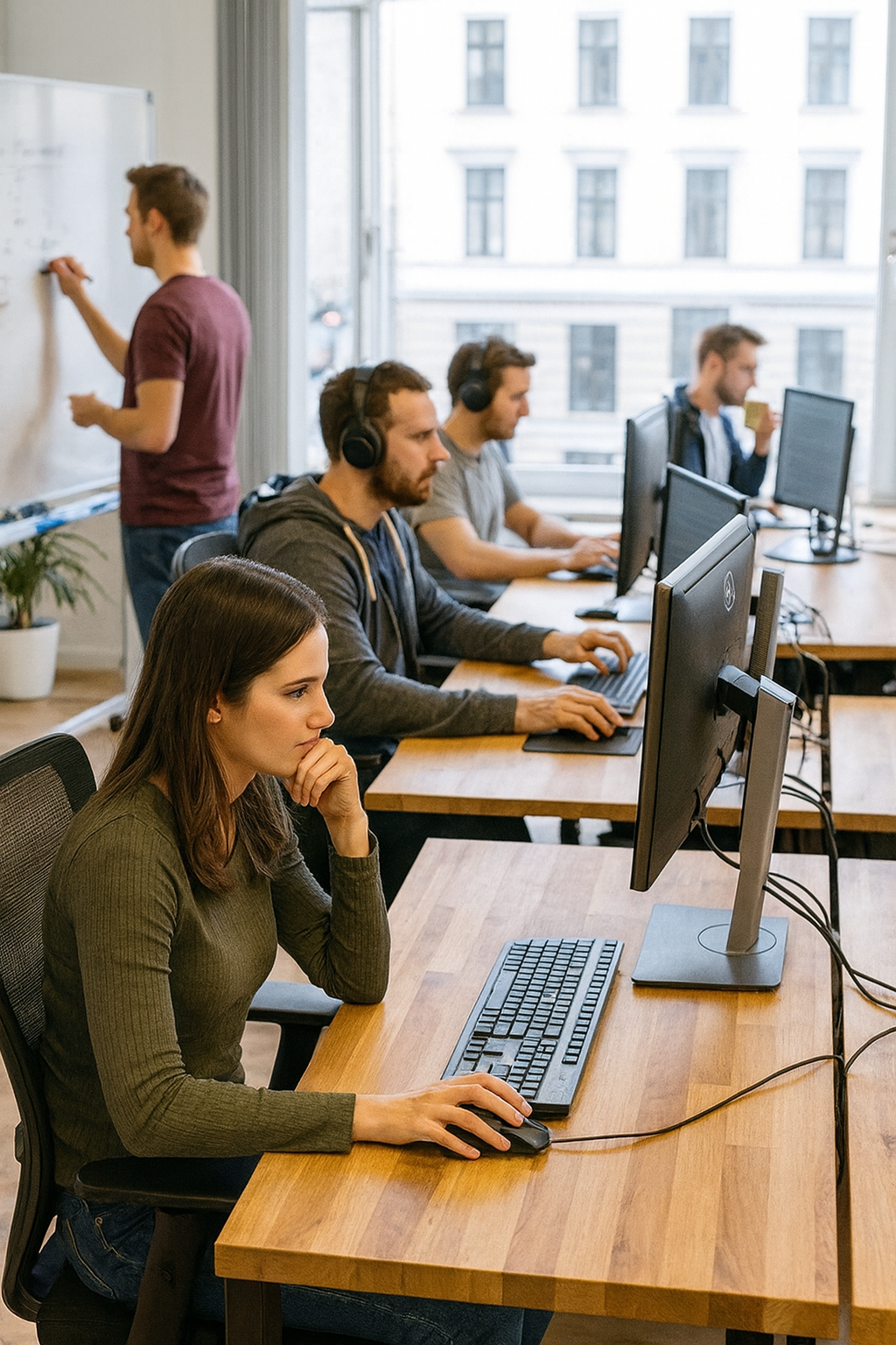 Development team working at computers in an office.